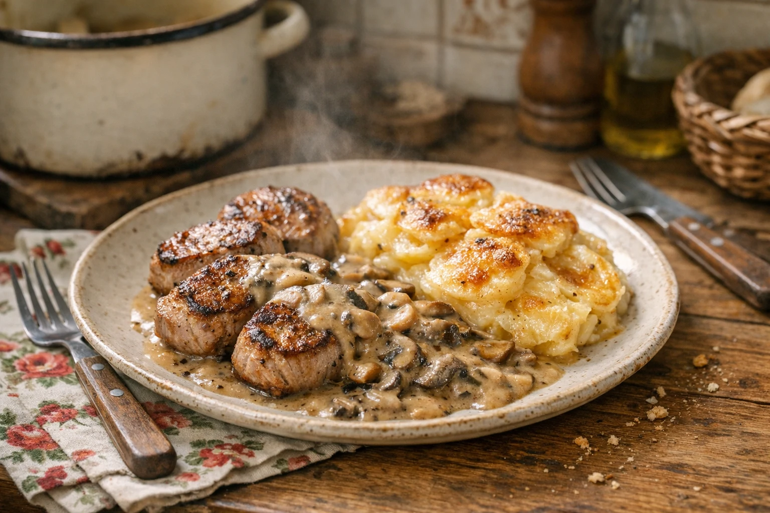 Steki z polędwiczki wieprzowej z ziemniakami gratin i sosem grzybowym